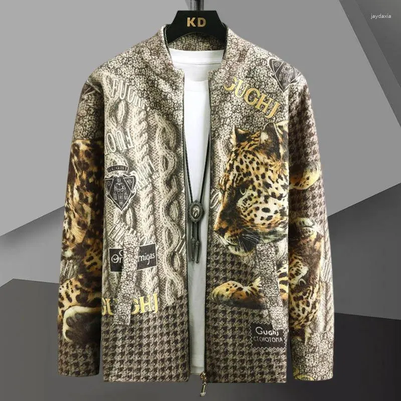 Suéter masculino outono moda vintage animal impressão cardigan homens sweter casaco coreano designer jaqueta de malha