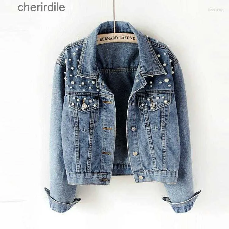 Women's Jackets Jackets Pearl Beading Short Denim Women Wash Long Sleeve Casual Jean Coat Jeans 5xl 240301