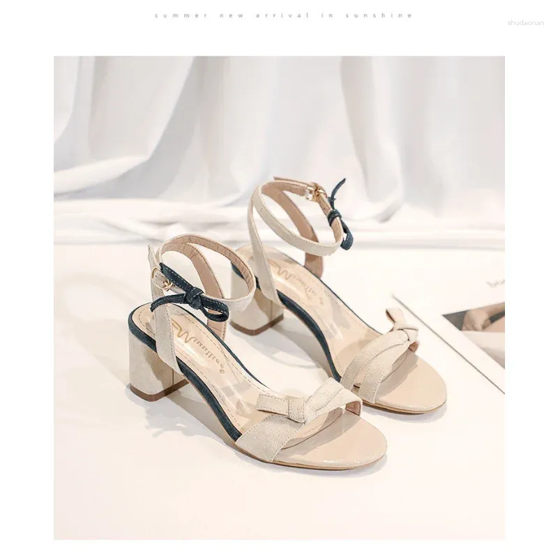 Sandaler Kvinnors sand 2024 Simple High Heels Summer Fashion Outdoor Wear Fairy Style Chunky Heel Elegant Buckle Strap