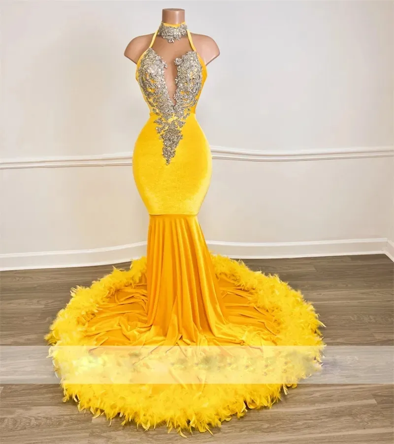Yellow Halter Neck Prom Dress Plus Size Zipper Backless Applique Beads  Feather Satin Evening Gown from Dhgate Prom Dresses
