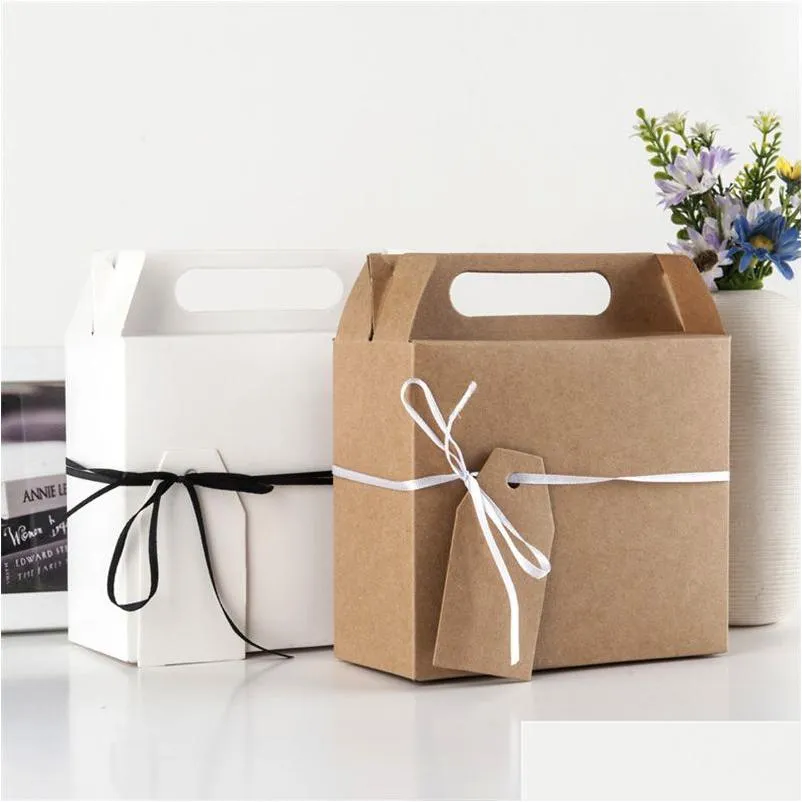 Geschenkverpackung Weiß Braun Kraftpapier Geschenkbox mit Griff Hochzeit Geburtstag Weihnachten Süßigkeiten / Schokolade / Snack / Kuchen Paket Tasche Drop Deliver Dhalh