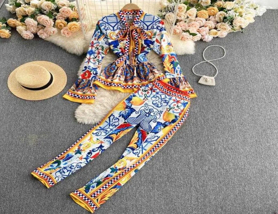 Tryck Runway Fashion Elegant Vintage Pant Suit Ruffle Blue Shirt Top och Long Pants Two Piece Set Women Set Women039S4506282