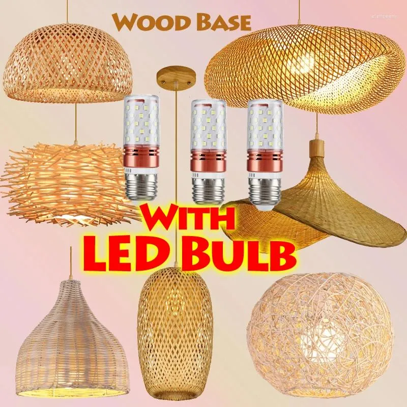 LED電球付きペンダントランプrattan Wicker Bamboo Wood Light天井光沢チャンデリアハングランプクラフトホームリビングベッドルームの装飾