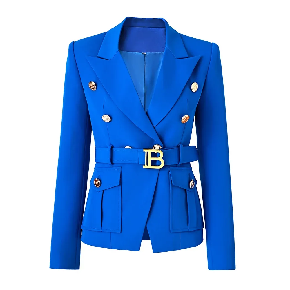 Blazers High Quantiy Classic Women Royal Blue Belt Slim Jacket Workwear Formell Design Fashion Jacket