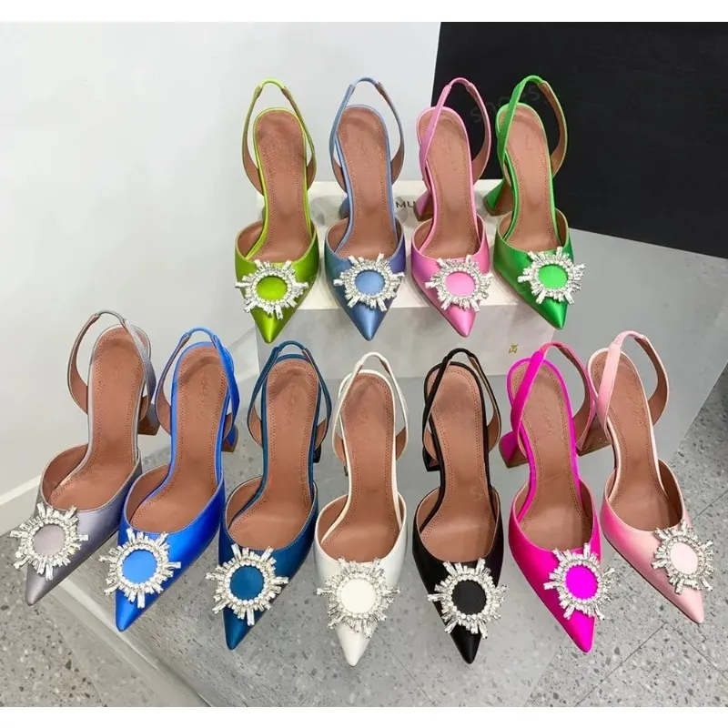 Scarpe eleganti, sandali, tacchi alti a fionda in raso con fiocco, tacchi alti in cristallo girasole, scarpe da sposa da donna firmate LuxurDy per feste da 10 cm