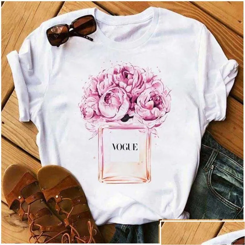 Dames t-shirt dames dames kleding print bloem per fles zoete korte mouw t-shirt bedrukt shirt t vrouwelijke top casual vrouw tee x dhuio