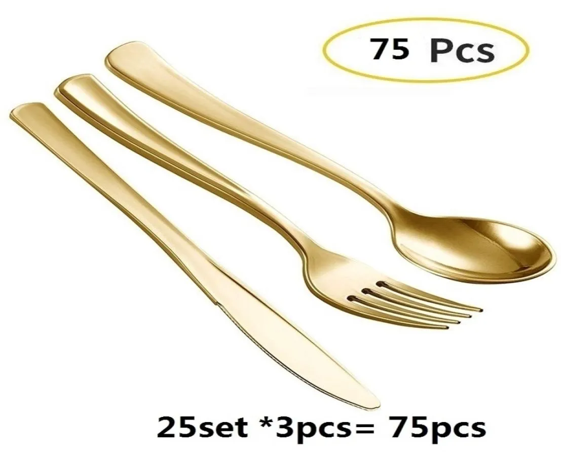 75pcs Tek kullanımlık altın çatal bıçak takımı plastik düğün sofra seti bronz altın akşam yemeği bıçağı çatal kaşığı doğum günü yemek takımı seti 203824121