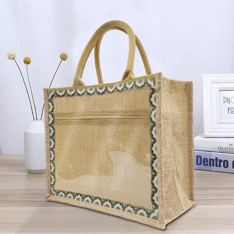 Sacos de armazenamento Tote de linho para compras com alça impermeável reutilizável mercearia substituível lona decorativa bolsa de utilidade diária