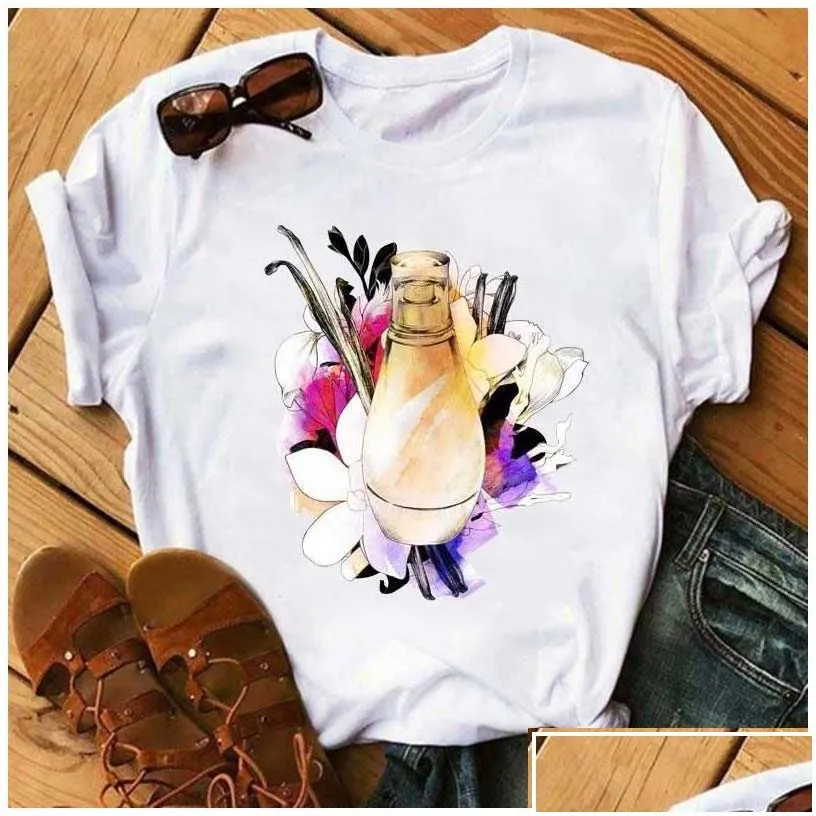 womens t-shirt women clothes print flower per bottle sweet short sleeve tshirt printed shirt t female top casual woman tee x0527 dr