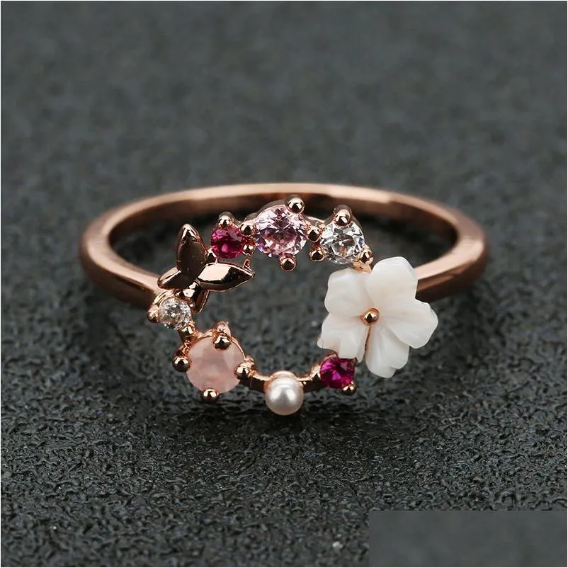 Anéis de banda feminino anel de casamento jóias borboleta flores verdadeiro rosa ouro senhora mix tamanho 5 a 10 entrega gota dhojo
