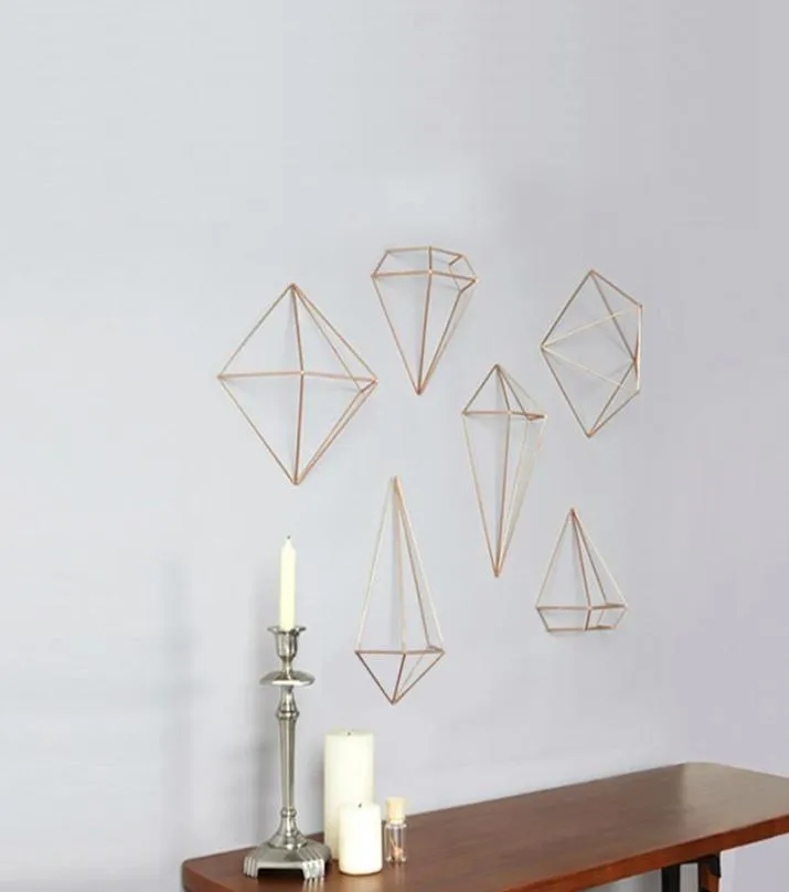 6PCSPACK Fashion Diamond Metal Iron Shelf Wall Stickers 3D Geometry Rhombus Wall Hangings Charm Decor Wall Flower Pots Storage HW7811805