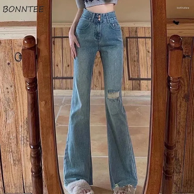 Jeans pour femmes Flare Femmes Taille haute Vintage Personnalité All-Match Sweet Spicy Girls Coréenne Mode Printemps Automne Pantalon déchiré Y2k