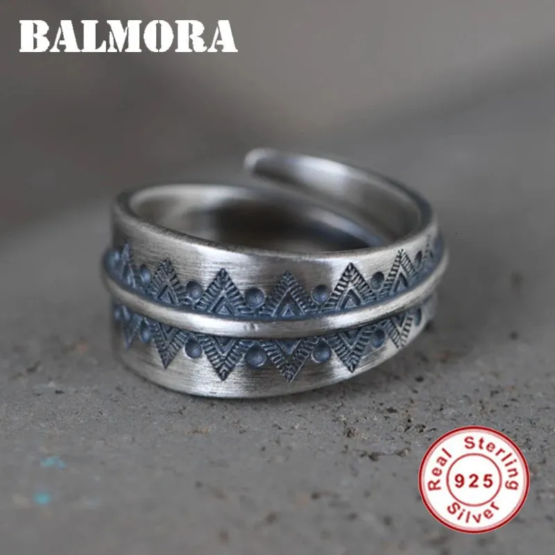 BALMORA 100% 925 Silver Indian Totem Engraved Ring For Women Girl Lover Retro Punk Open Hairpin Ring Statement Ring Jewelry Gift 240220