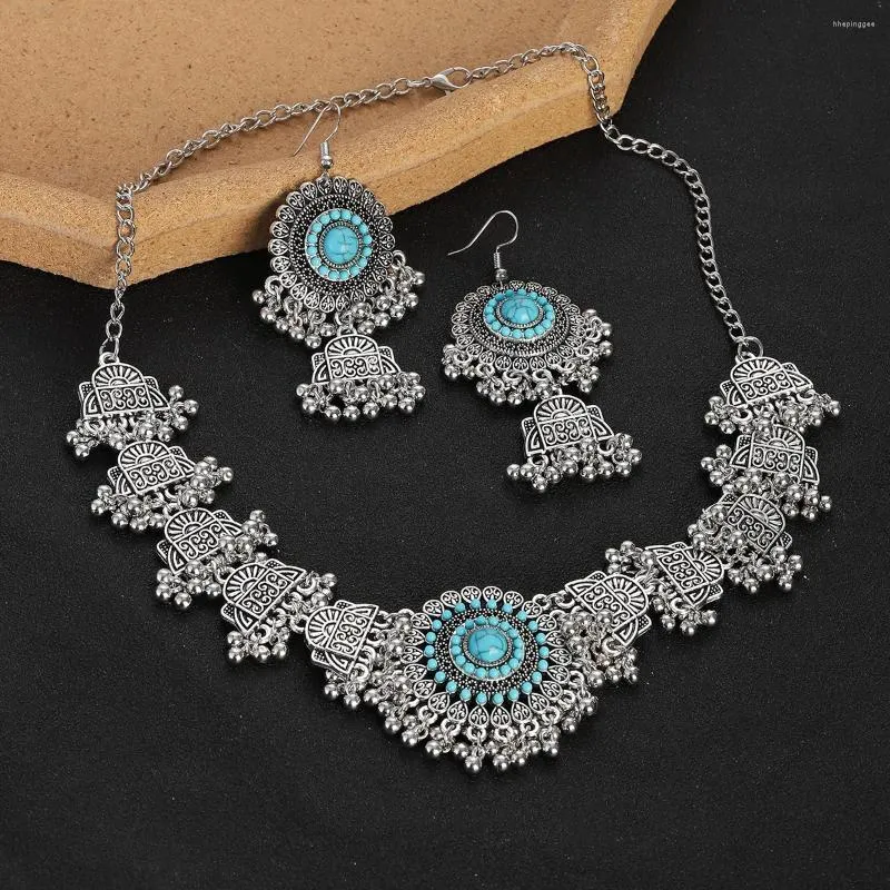 목걸이 귀걸이 세트 Boho Vintage Blue Beads Turquoises Bridal Silver Plated 기하학적 조각 여성 기념일 선물