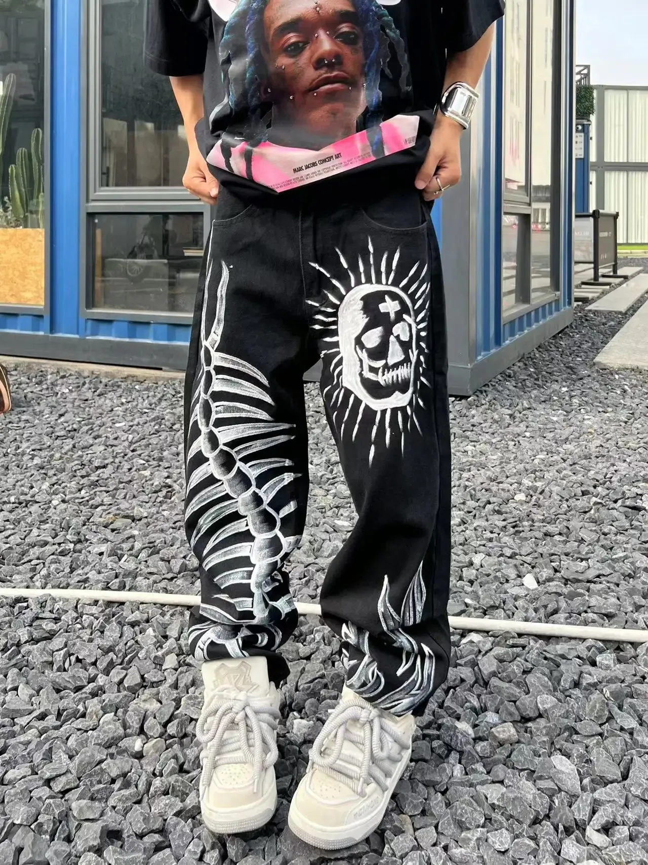 Calças 2023 oficina americana chinachic hip hop crânio tubo reto denim camo jogger calças do exército do vintage preto nova moda