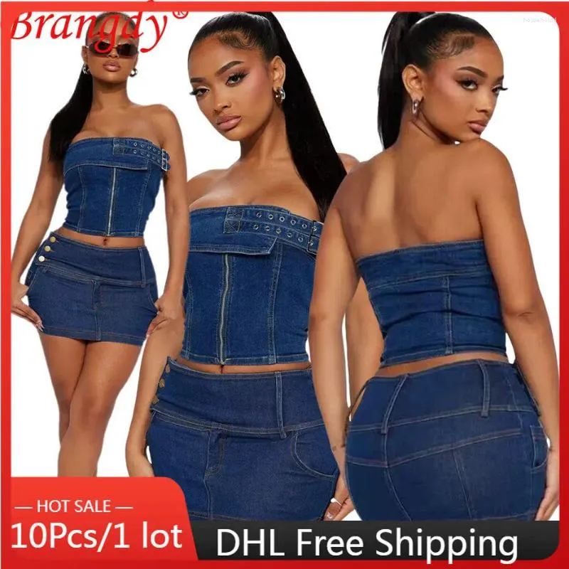 Arbeitskleider 10 Sets Großhandel Artikel Denim Rock Anzug trägerlos elastische Frauen 2024 Sommermode Y2k 2 Stück Set Sexy Bulk B11566