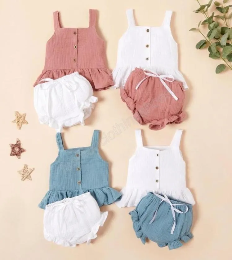 Summer Ins Baby Girls Linen Clothing Zestaw Kids Suspender kamizelka marszczyzny szorty 2pcsset stroje butique dziecko cothes3675872