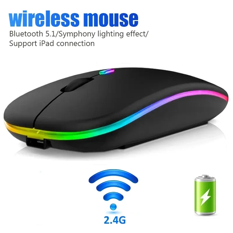 Souris Bluetooth sans fil rechargeable avec récepteur 2.4G 7 couleurs rétro-éclairage LED souris silencieuse souris de jeu optique USB pour ordinateur de bureau ordinateur portable jeu PC