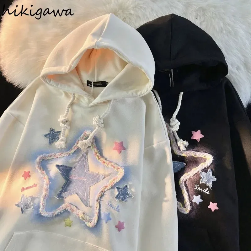 Japonês Hoodie Mulheres Estrela Bordado Streetwear Casual Oversized Tops Roupas para Adolescentes Harajuku Com Capuz Moda Y2K Moletons 240219