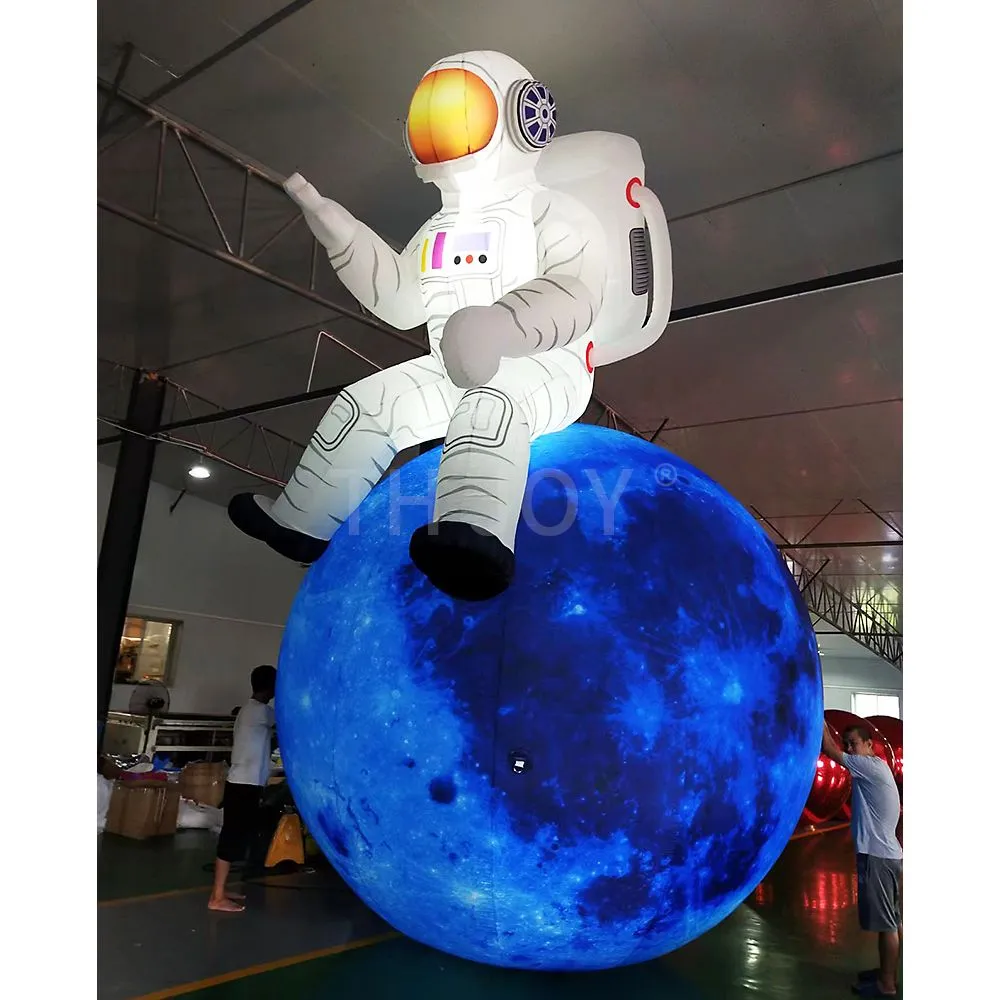 free door delivery outdoor activities 8mH (26ft) Giant Inflatable astronaut sitting on the Moon with LED light balloons customized Inflatable Spaceman