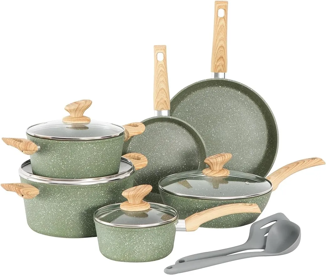 Maison Arts Kitchen Cookware Set Nonstick, 12 Piece Pots and Pans Set Granite Cooking Set för induktion Diskmaskin Safe, Oven, Spovetop, Green