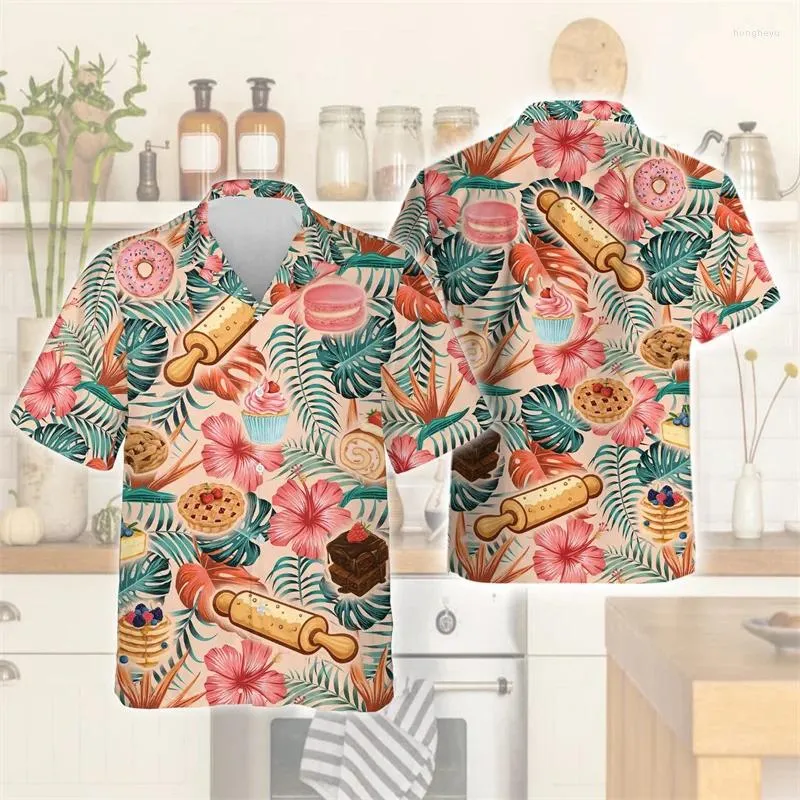 Männer Casual Hemden Backen Liebhaber 3D Druck Strand Für Männer Kleidung Kuchen Chef Kurzarm Arbeit Uniform Hawaiian Frauen Revers Bluse