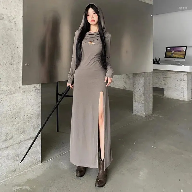 Casual Dresses Autumn Sister Party Solid Color Simple Trendy Cool Säker Sexig Mature Charm Women's Straight Long Hooded Dress