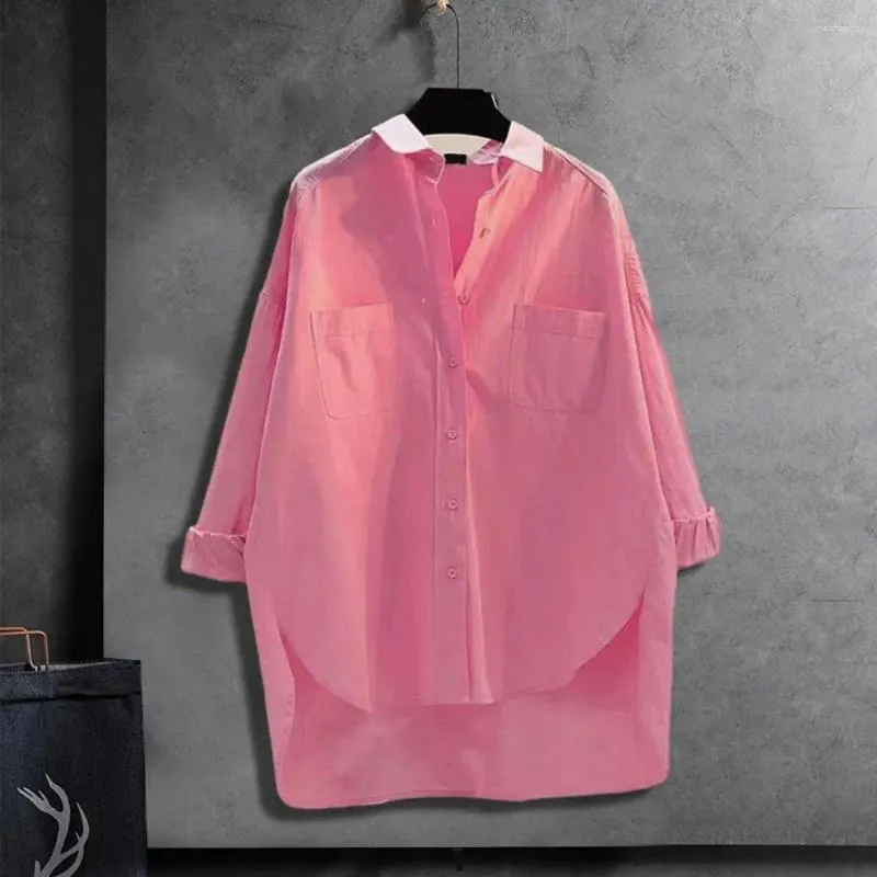 Damesblouses Dames Lente Herfst Shirt Tops Revers Lange mouw Enkele rij knopen Hoog-laag zoom Losvallende casual blouse