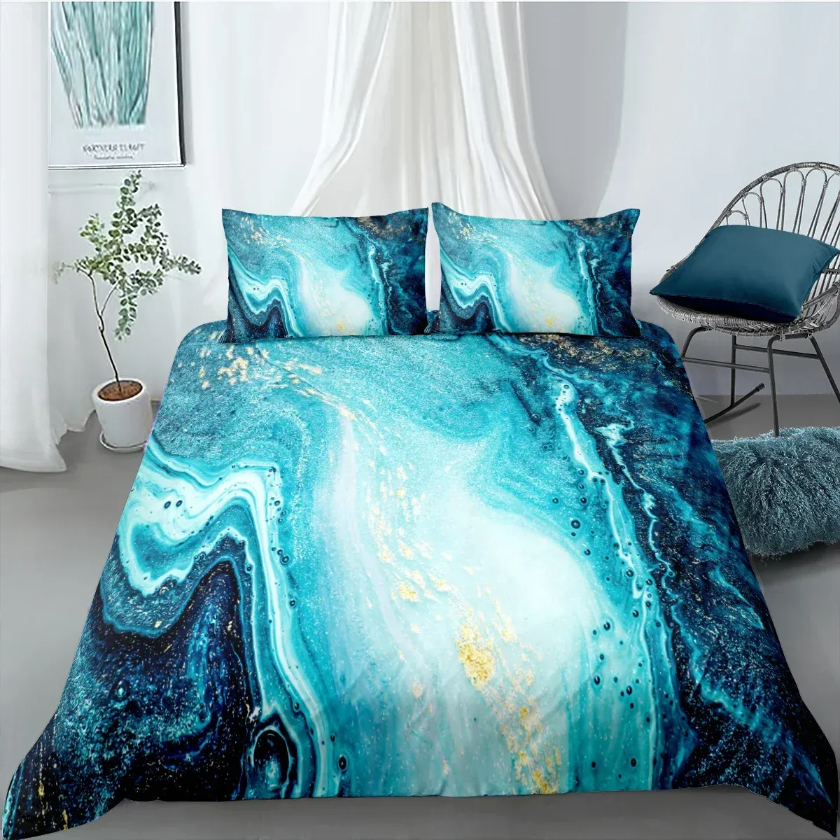 Set Marble Duvet Cover Set Twin Size Bedding Set Sea Blue Beach White Gold for Boys Teens Adults Cool Colors Polyester Quilt Cover Sheer Curtains