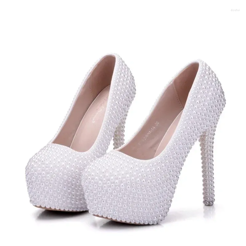 Dress Shoes Woman Pumps Brand Design Lady Pointed Toe String Bead Slip-On PU 14CM Thin Heels Wedding Fashion Women White