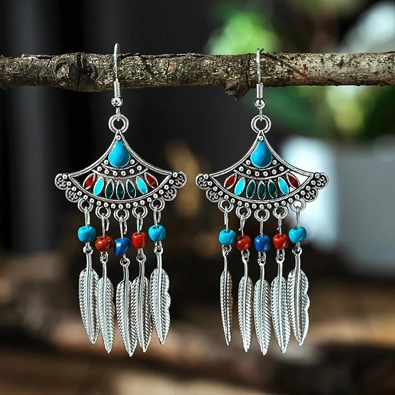 Dangle Earrings Drop Oil Fan Shaped Leaf Ethnic For Women Boho Seed Bead Earring Silver Color Alloy Female Jewelry
