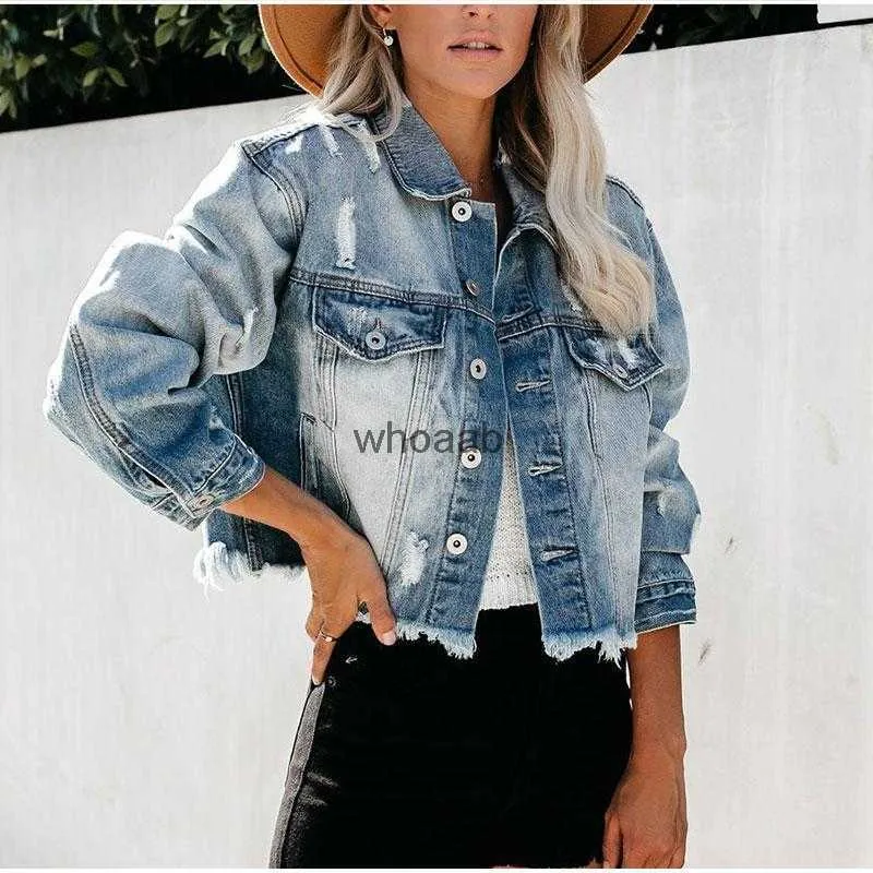 Women's Jackets Jackets Ripped Short Bomber Denim Y2k Fringed Coats Streetwear Distressed Jeans Plus Size 240301