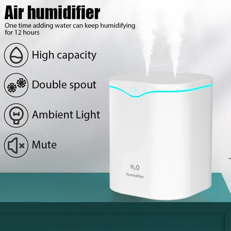 Apparaten 2000 ml USB-luchtbevochtiger Dubbele spuitpoort Essentiële olie Aromatherapie Humificador Cool Mist Maker Fogger Purify voor thuiskantoor