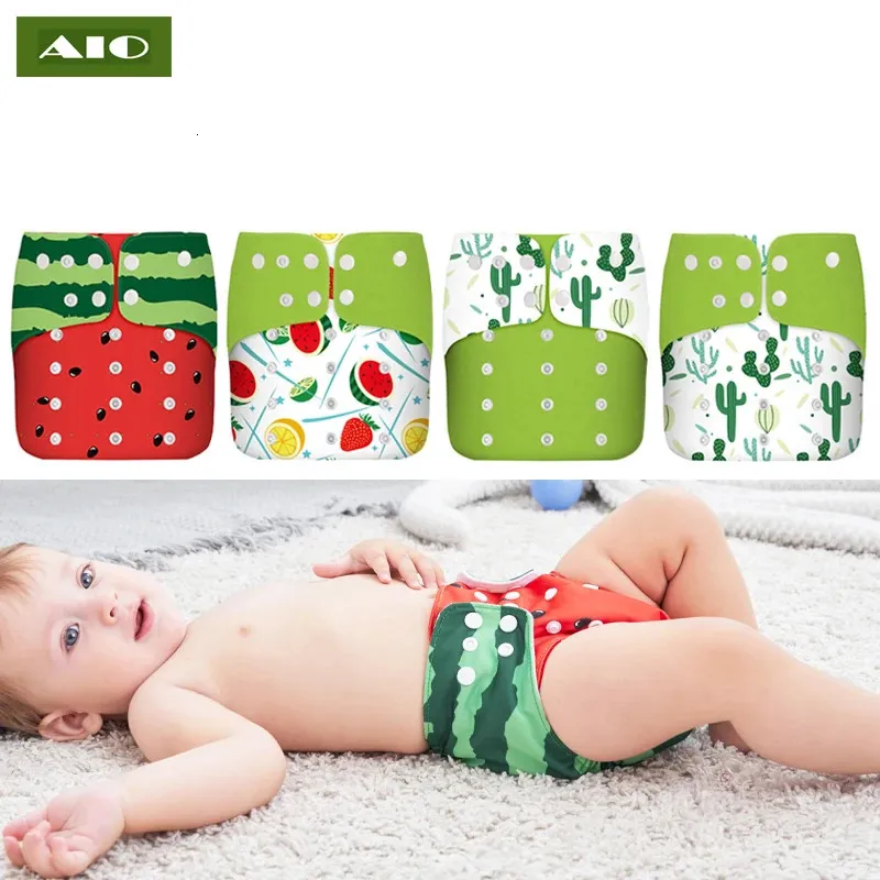 AIO 4Pcs Reusable borns Cloth Diapers Watermelon Print Washable Eco-friendly Diaper Pocket Waterproof Child Learning Panties 240227