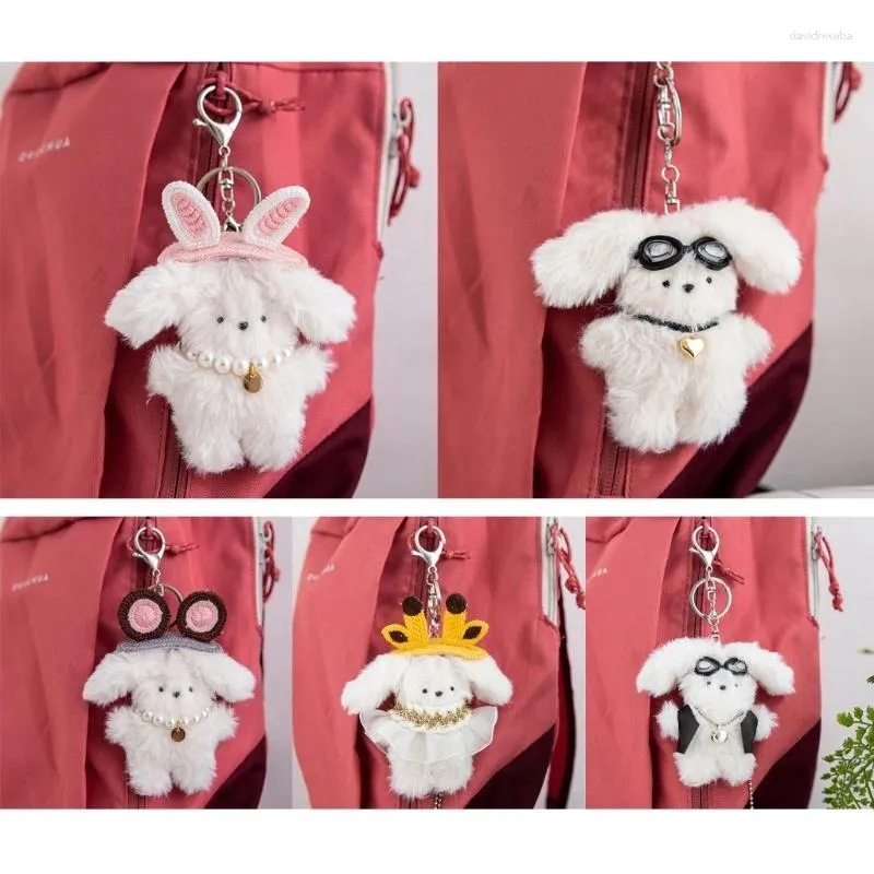 Nyckelringar B36D 8cm Plush Pendant Soft White Animal Glasses Charm Keychain Ornament för telefoner Bilryggsäcksdekorationer