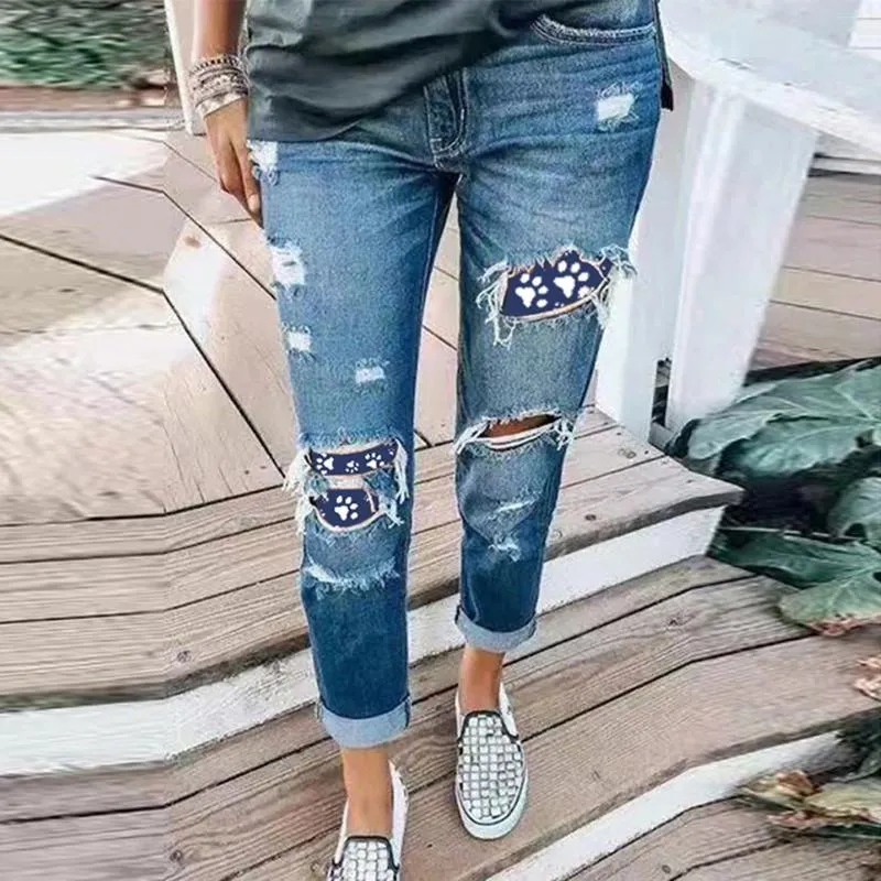 Kvinnors jeansbyxor för damer denim byxor kvinnor trycker rippad plus storlek med fickor veterement femme