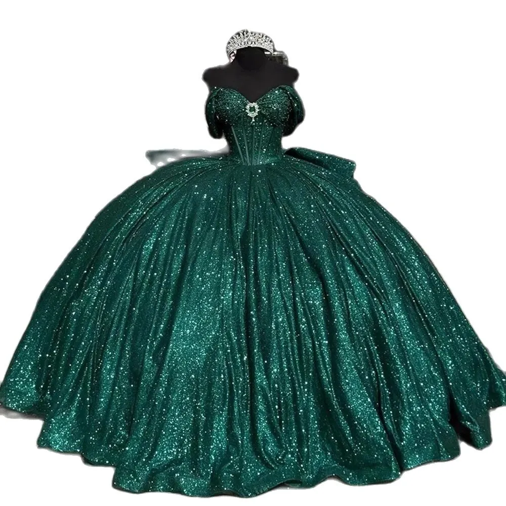 Mexico Green Dresses Bow Tie Sequin Sweet 15 Prom Dress Pärled Ball Gown Vestidos de Quinceanera 326 326