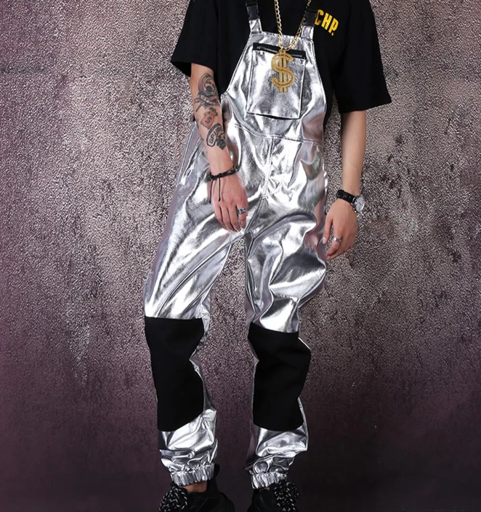 Män streetwear hip hop punk silver läder overaller jumpsuit byxa manliga kvinnor mode casual bib pant harem byxa scen costume8540425