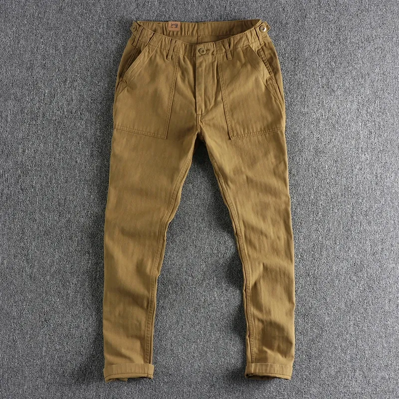 Byxor Spring Autumn New American Retro Fishbone Woven Cargo Pants Men's Simple Pure Cotton Washed Old Right Casual avsmalnande byxor