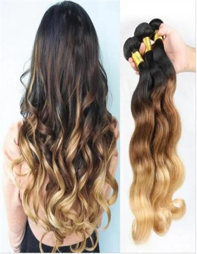 1B427 Miel Blonde Malaisienne Cheveux Humains Tisse Vague de Corps Ondulés Malaisiens 3Bundles Trois Tons Colorés Ombre Trames de Cheveux Humains Exten849396373