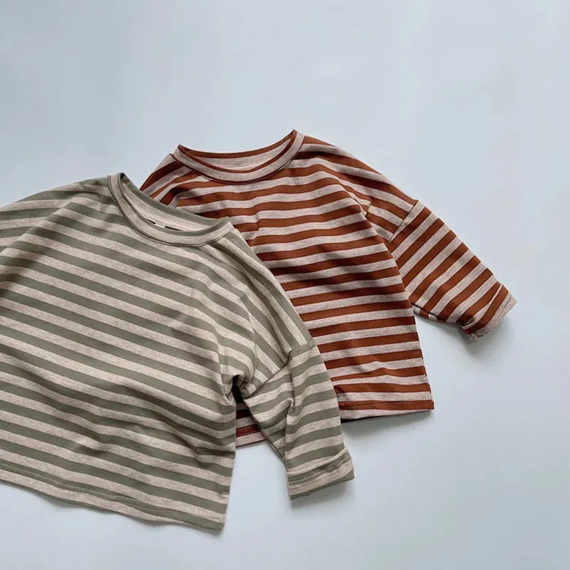 Enfants à manches longues t-shirt enfants garçon fille rayure coton décontracté hauts printemps basique t-shirt vêtements 240220