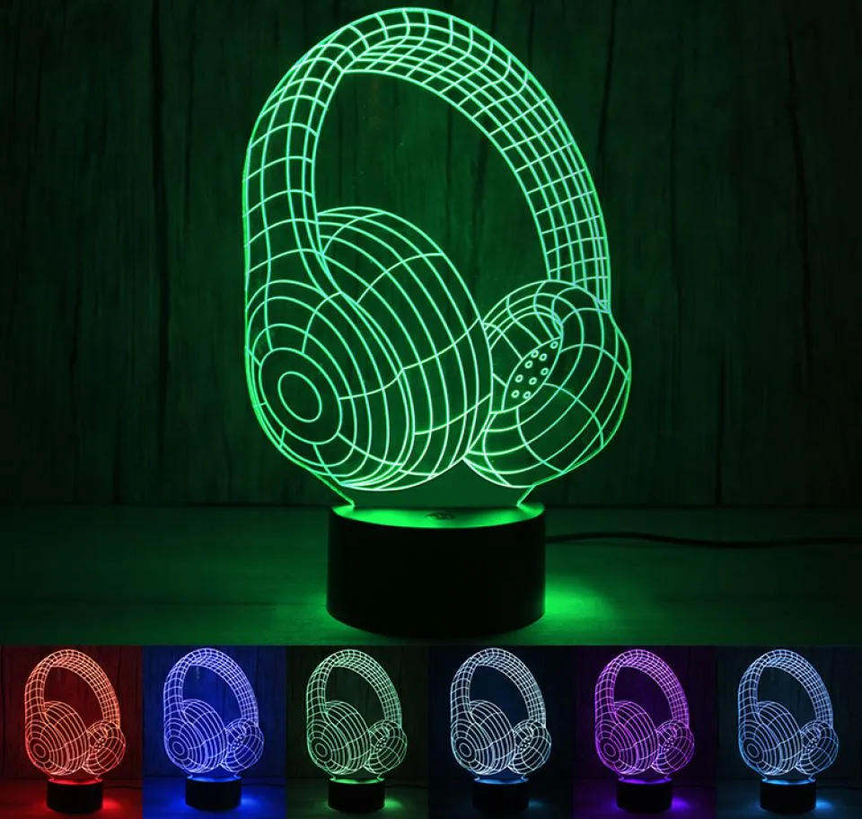 Fone de ouvido 3d luz 7 cores mudando luz noturna toque lampe 3d acrílico lâmpada led deco lavalamp cores vivas led lâmpada de mesa3572775