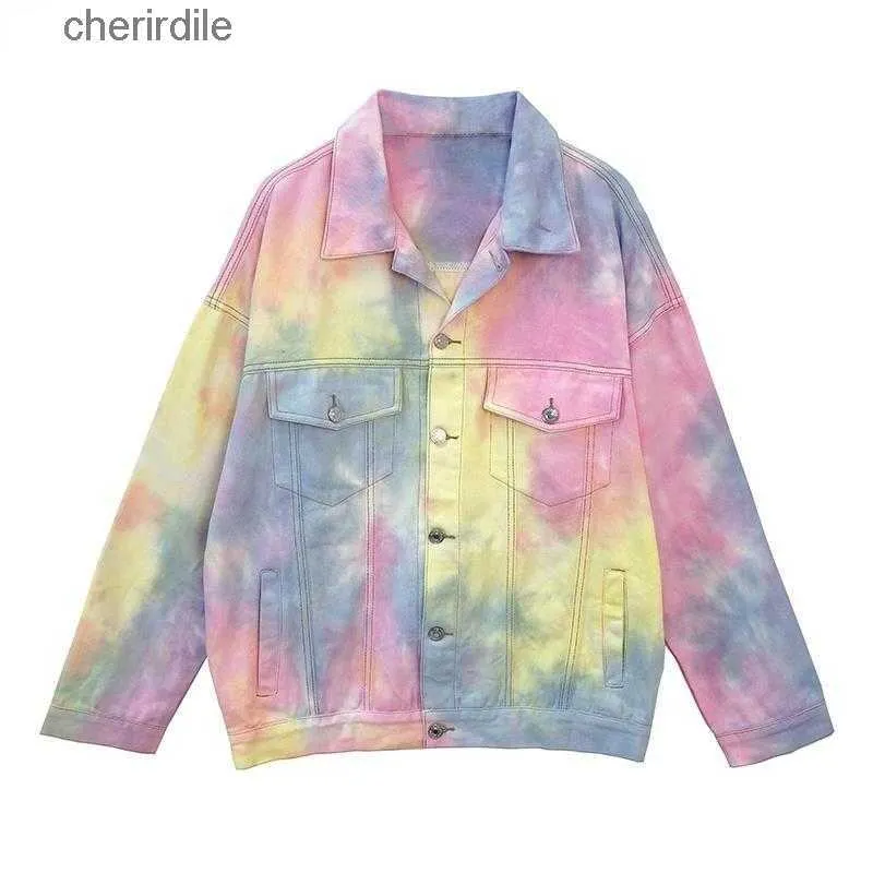 Vestes pour femmes Vestes Printemps Automne Rainbow Couleur Tie Dye Jeans Unisexe Denim Bomber Manteau Cardigan Cardigan Crop Streetwear 240301