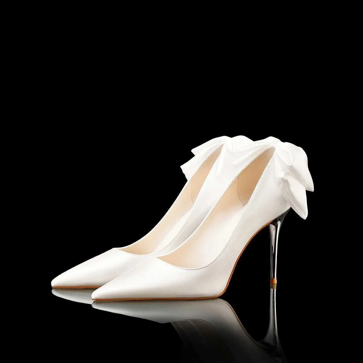 Dress Shoes 8CM Womens Wedding Shoes Bridal Shoe Fashion White Bow High Heels Temperament Womens Stiletto Low-Cut Satin Banquet ShoesH2431