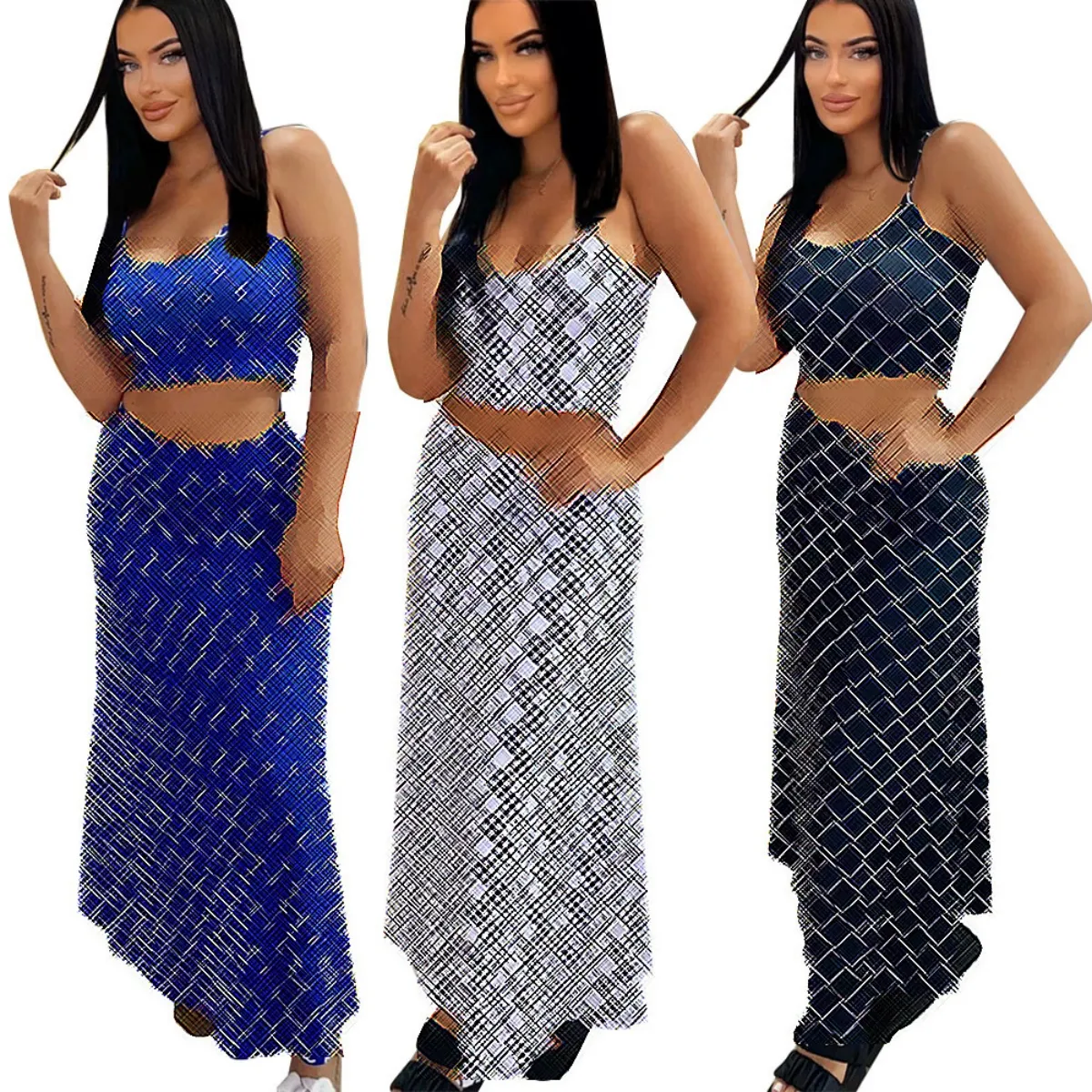 Mouwloze tweedelige jurkoutfits Dames sexy strap-top en lange maxi-roksets Gratis schip