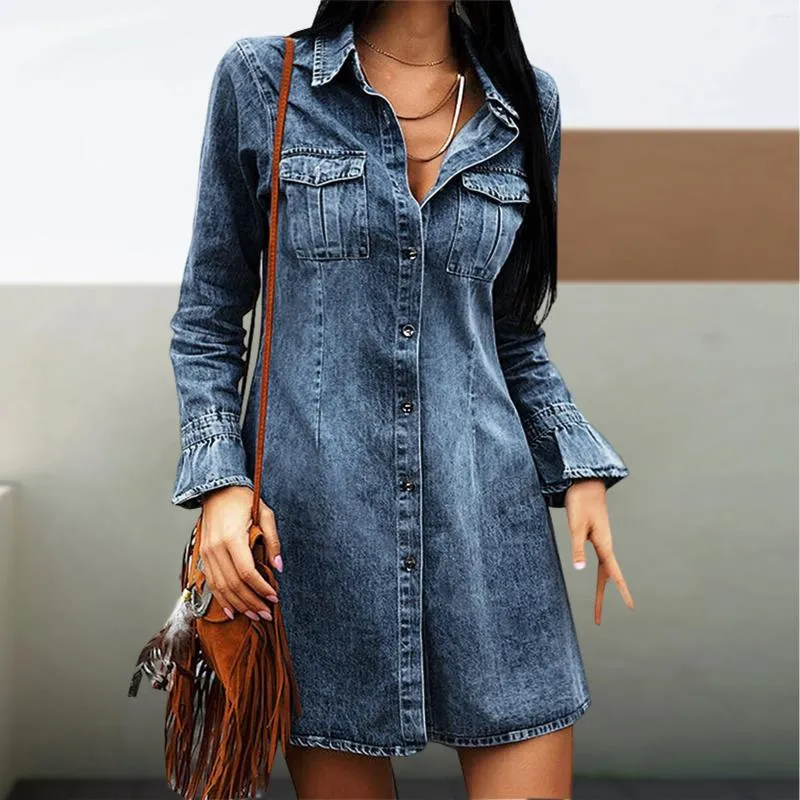 Casual Dresses Women Button Down Dress With Pocket Sexig denim Fashion Solid Color Chic Club Party Mini