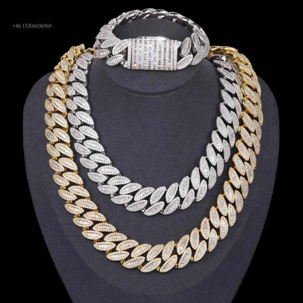 20mm VVS Baguette Moissanite Link Chain Sterling Sier Heavy Iced Out Hip Hop smycken Miami Kubansk halsband