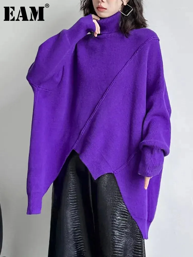 Swetry damskie Eam Purple duży rozmiar Nieregularny sweter z dzianinem Turtleeck Długie rękawie Pullover Modna Spring Autumn 2024 1DH1597