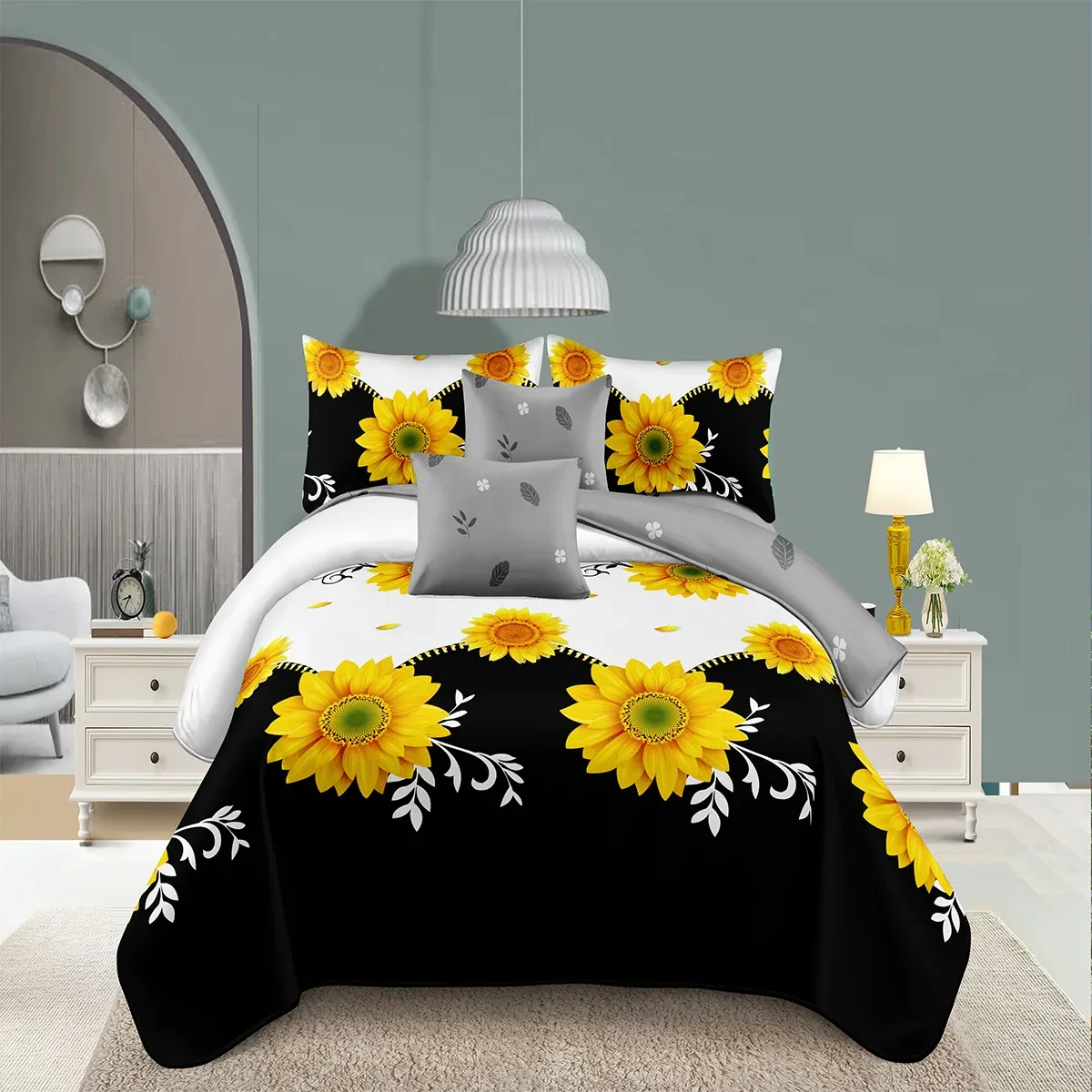 Ensemble jaune tournesol de conception de fleurs belles de conception décorative couverture de couette décorative 3 pièces avec 2 camarades d'oreiller rideaux transparents