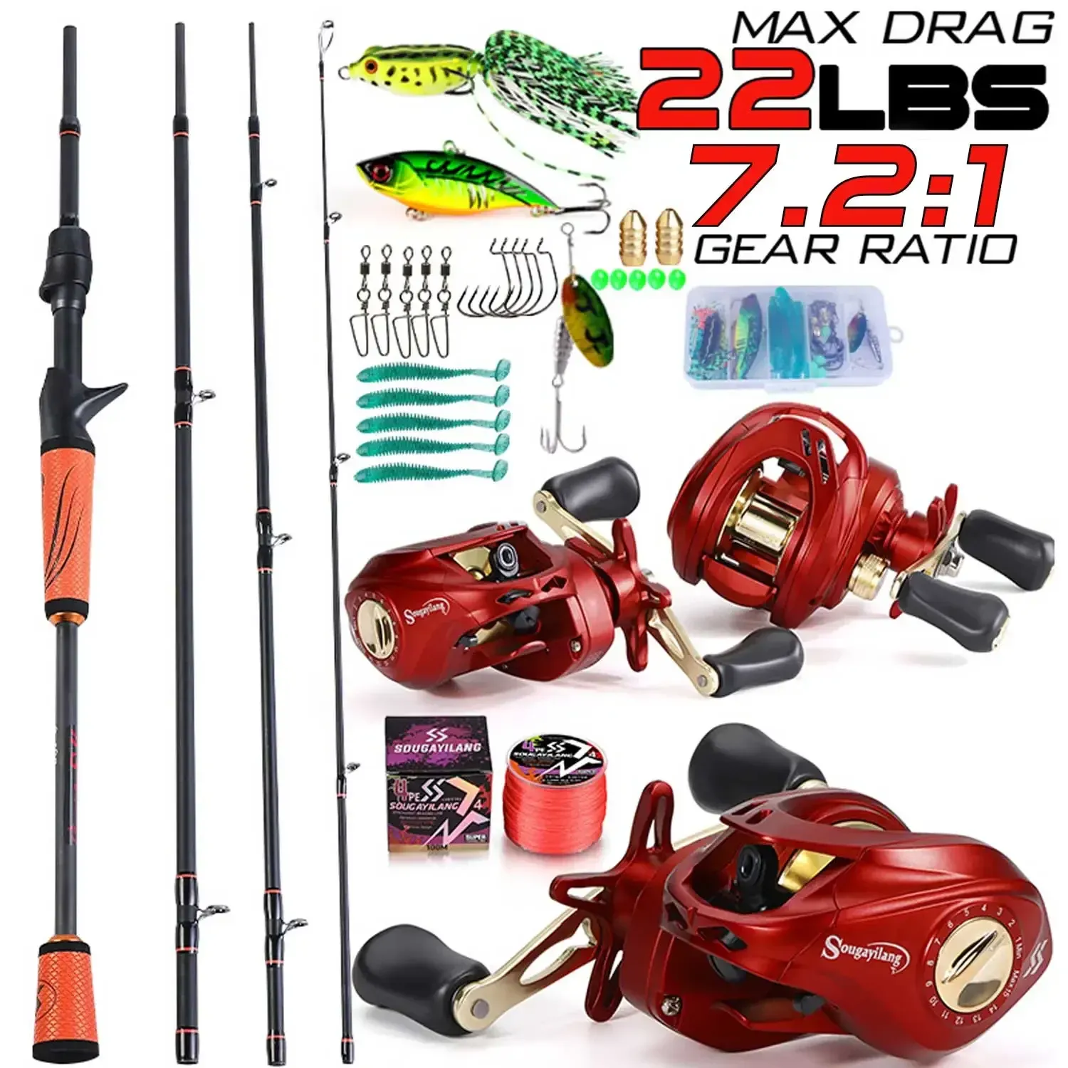 Accessories Sougayilang High Quality Carbon Fishing Rod Combo 1.8/2.1m Casting Rod,7.2:1 Gear Ratio Baitcasting Reel Max Drag 10Kg for Bass